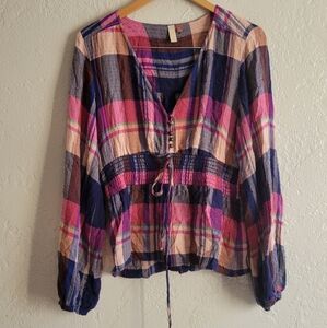Anthropologie Pilcro Plaid Deep V Blouse Medium